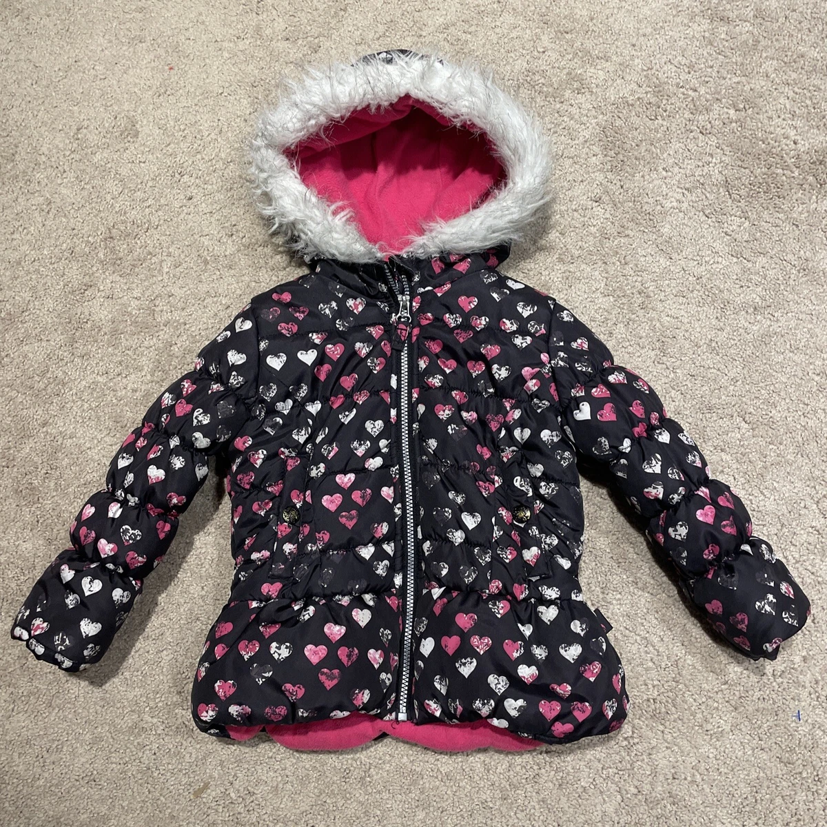 Pink puffer jacket with faux fur trim top