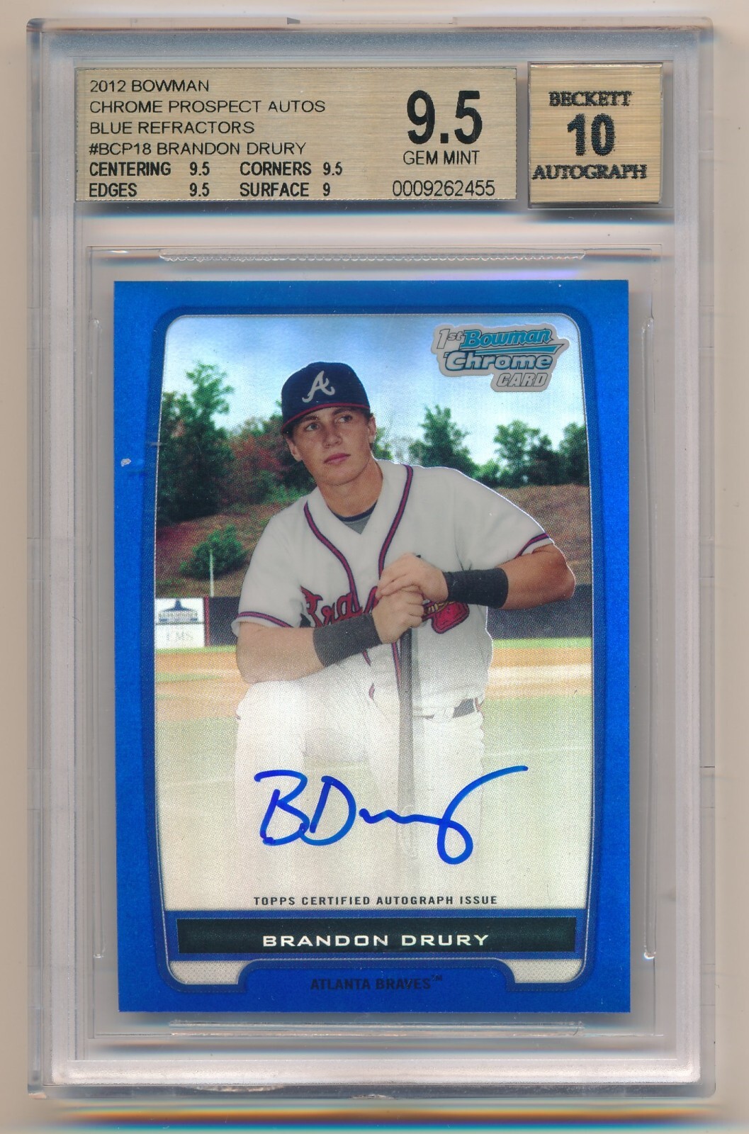 2012 Bowman Chrome BRANDON DRURY Prospect Refractor Auto BLUE #016/150 BGS 9.5