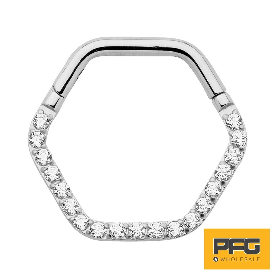 G23 Titanium Hexagonal Gem Hinged Segment Hoop Septum Helix Tragus Ring Earrings - Image 3 of 4