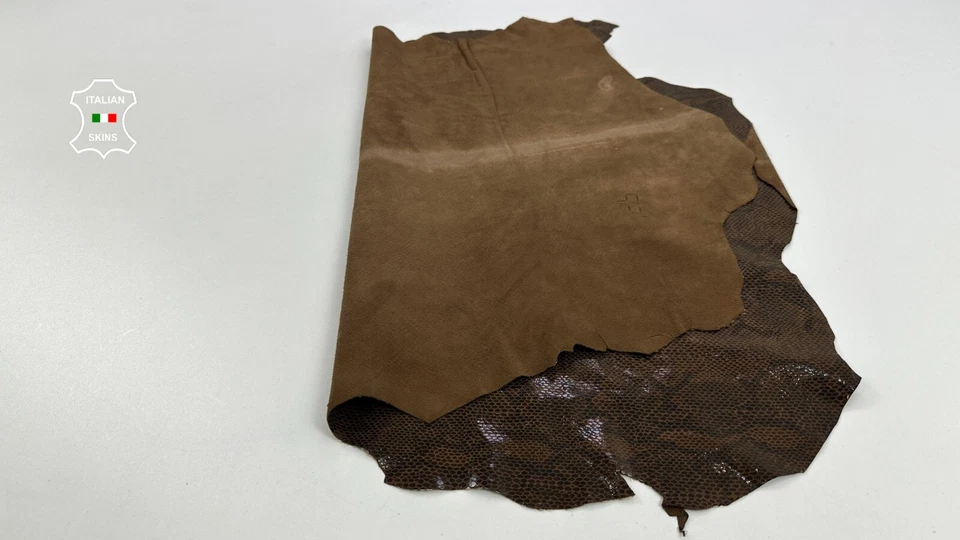 BROWN SHINY PYTHON SNAKE PRINT ON Thin Lambskin Leather hides 5sqf 0.6mm #C3869 - Image 3 of 4