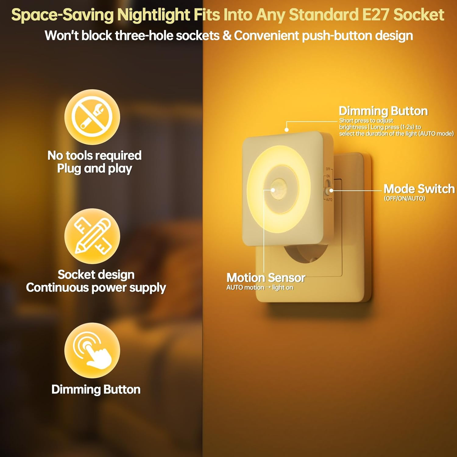 Luci Notturne LED Design Sottile - Confezione 2 Pezzi Auto-Sensor - 3