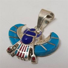 925 Sterling Silver Egyptian Scarab Pendant with Turquoise Vintage Antique Style