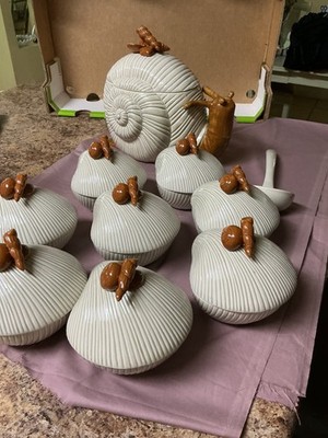 VINTAGE 1970's FITZ & FLOYD SNAIL & SHELL TUREEN & 8 MATCHING BOWLS