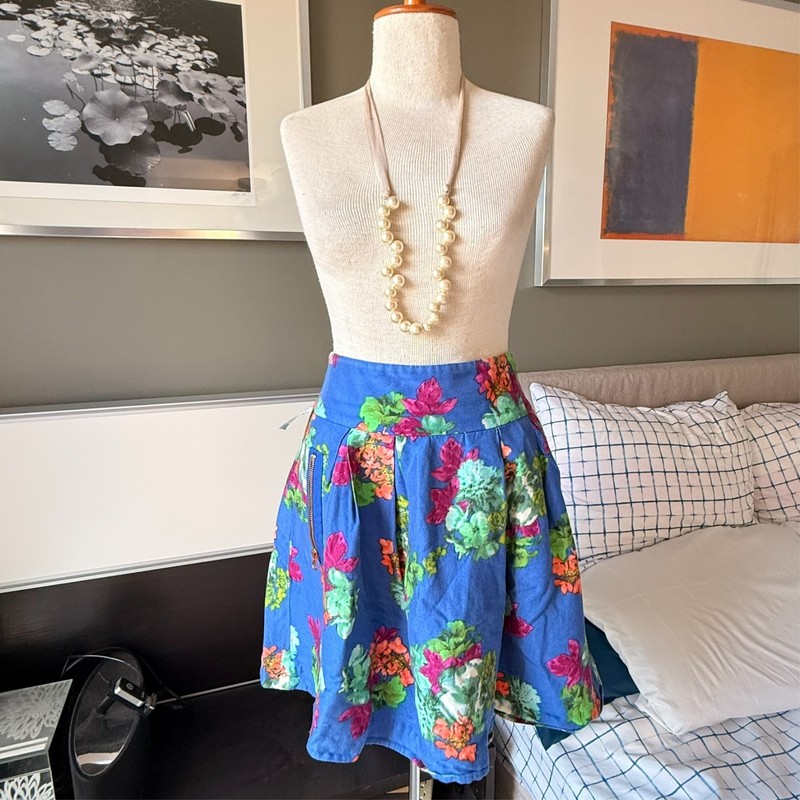 Maeve Anthropologie Blue Garden Days Floral Full Skirt Cotton Silk Blend US 8