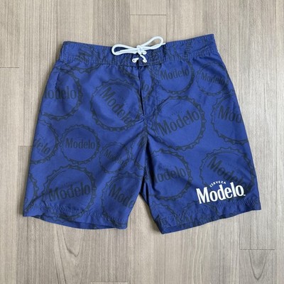 Modelo Swim Shorts Mens Medium Blue Logo Print Trunks Lined Drawstring Beer