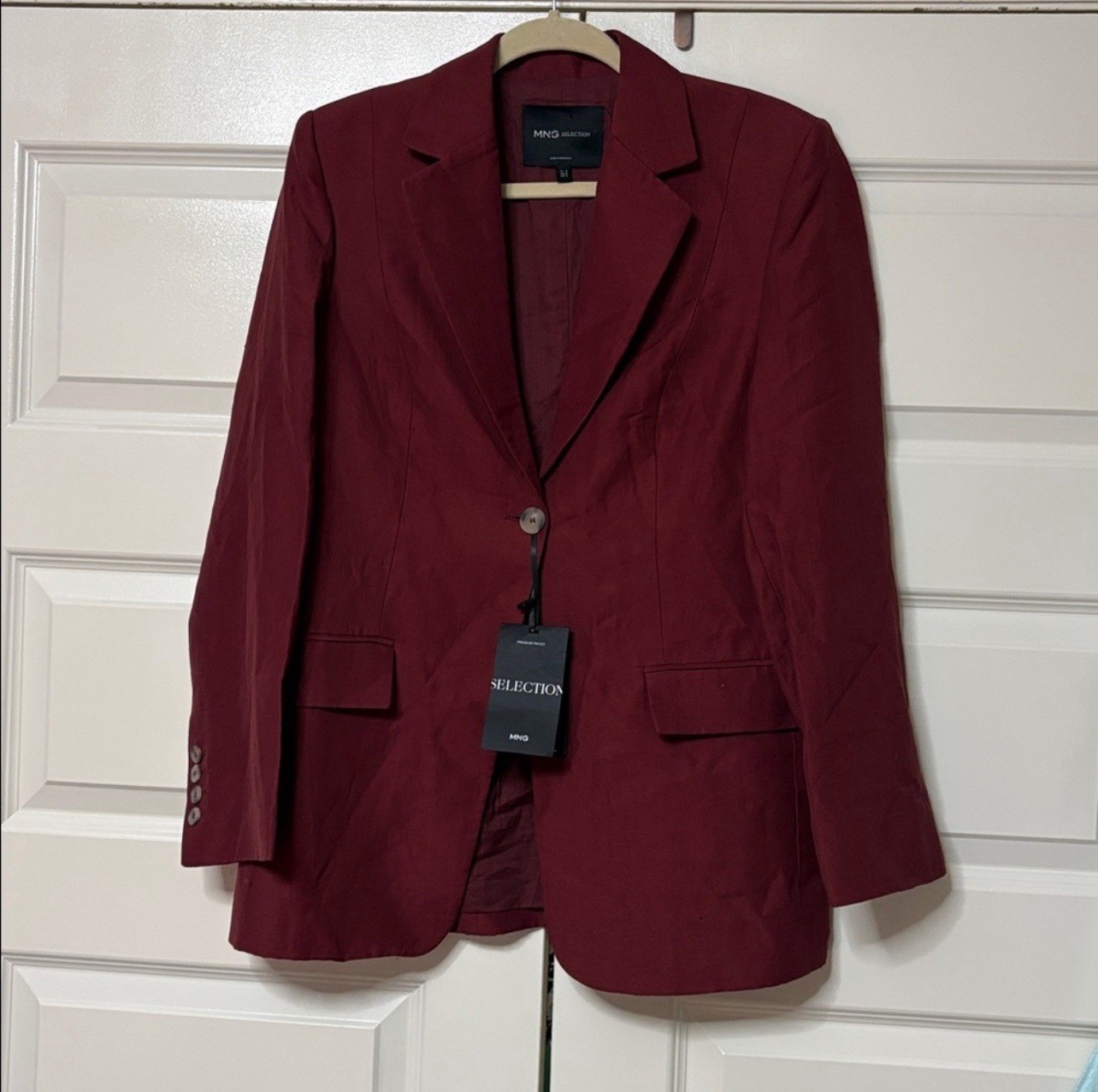 NWT Medium MANGO MNG Linen Oversized Wine Blazer thumbnail 3