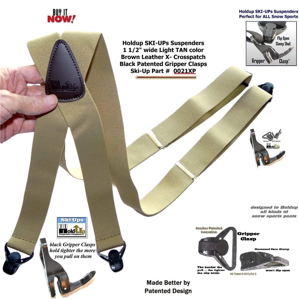 Holdup Ski-Ups Tan 1 1/2" Suspenders for Men with USA Patented Black Composit... - Image 4 of 4