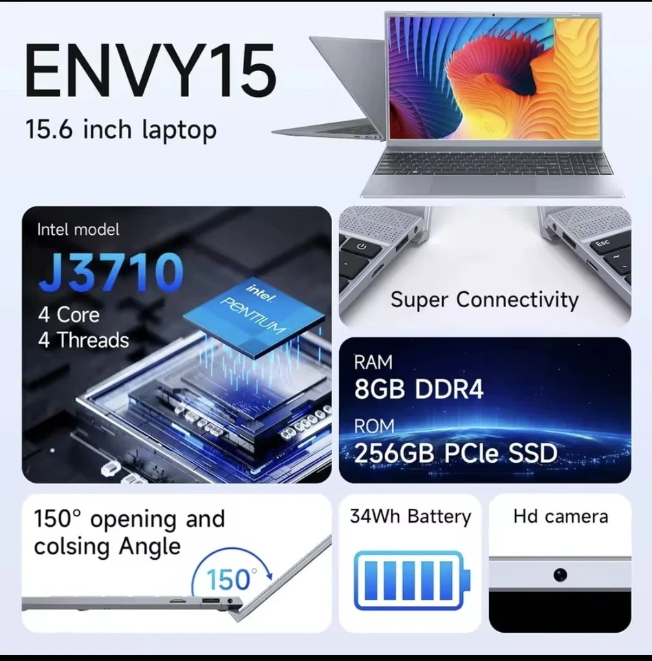 15.6" Slim Laptop – Intel Pentium J3710 (Quad-Core up to 2.6GHz), 8GB RAM - Image 2 of 4