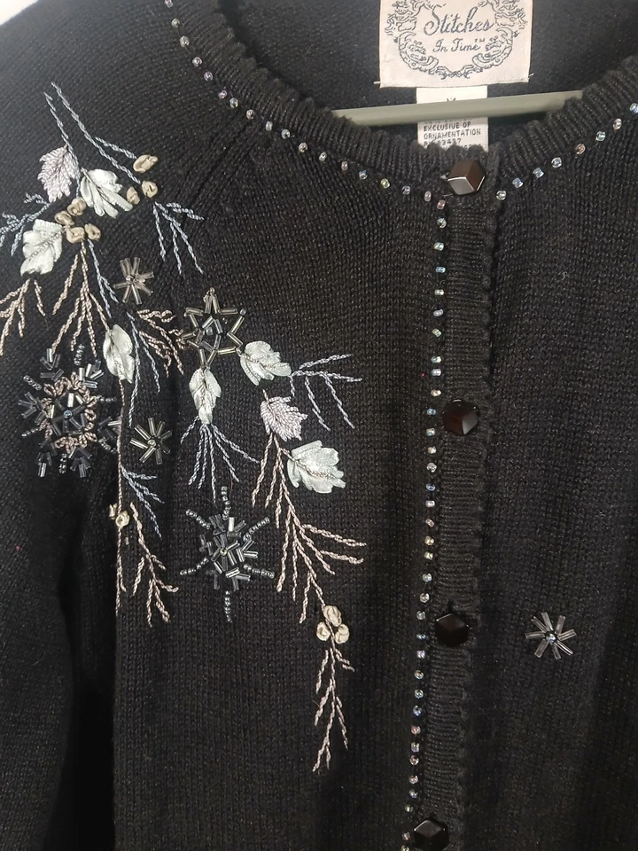 Vintage Stitches In Time Cardigan Women’s Small Black Embroidered Sweater - Image 2 of 4