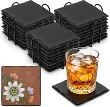 ZOOFOX 24 Pieces Drink Coasters, 4 Inch Square Slate Stone Coaster with 3 Holder
