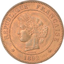 [#875325] Coin, France, Cérès, 5 Centimes, 1892, Paris, MS, Bronze, KM:821.1