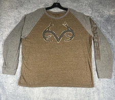 RealTree LS T-Shirt Men's 2XL Heather Brown w/ Gray Waffle Knit Sleeves Big Logo