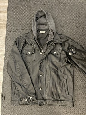 Charles And A Half Black Faux Leather Moto Hooded Full Zip Jacket - Mens Large