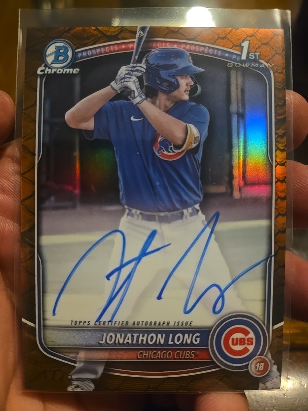 Jonathon Long 2025 Bowman Chrome 1st Orange Reptilian Auto #rd 24/25 Cubs