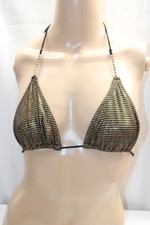 Gold Metallic Rhinestone Bikini Top Triangle Adjust Stretch Tie Nylon Spandex S