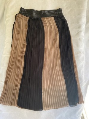 Magic Black/Beige Pleated Maxi Skirt 2X Office Chic Boho Festival  Classy Retro