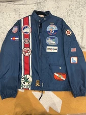 SWINGSTER BLUE VINTAGE 1970s RACING JACKET WITH PATCHES SIZE L/M