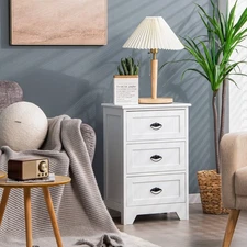 End Table Nightstand Bedroom Storage w/ 3 Drawers  & Wood Slide White