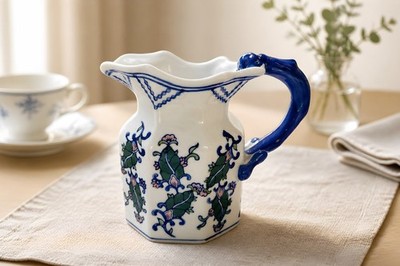 Decorative ceramic pitcher with a blue salamander handle and floral motifs 6  