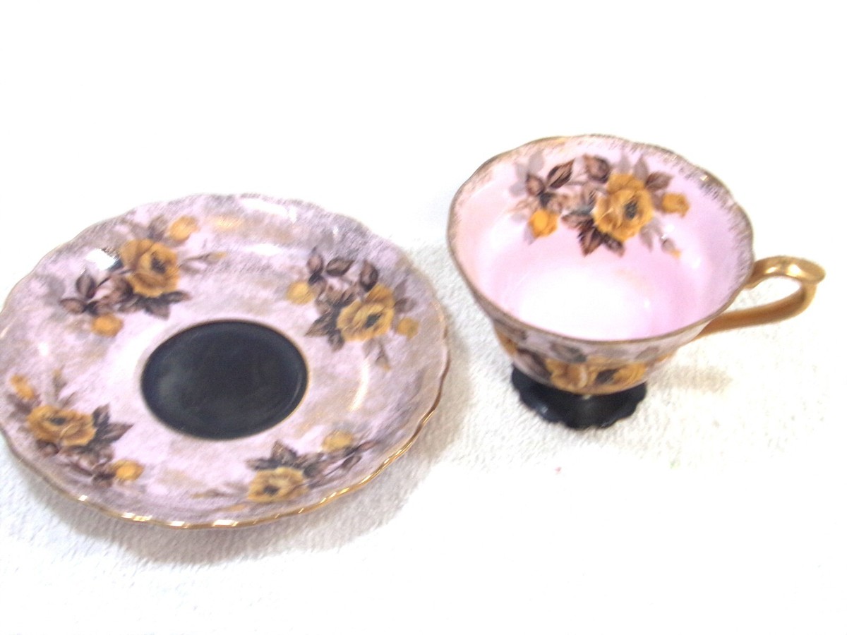 VINTAGE FINE BONE CHINA CUP AND SAUCER PINK BROWN GOLDEN ROSES