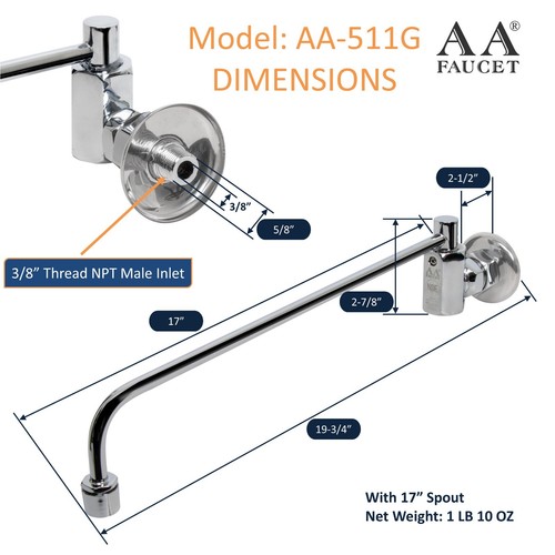 AA Faucet Wok Range Automatic No Lead Faucet 17" Spout 3/8" Male Inlet AA-511G - Picture 2 of 5