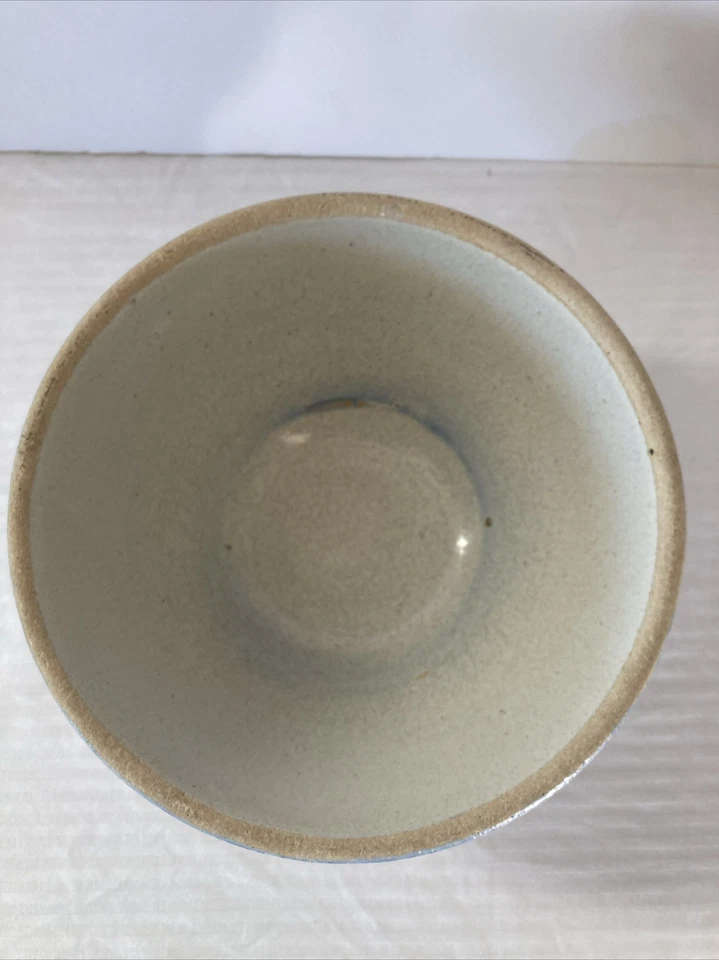 Antique Primitive Stoneware Salt Glaze Chain Rings Blue White 8" Bowl * Awesome! - Image 3 of 4