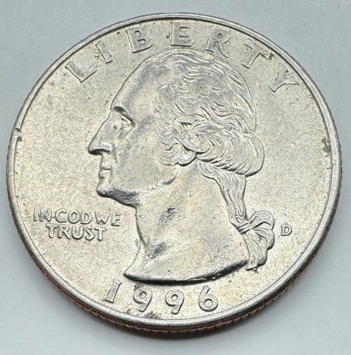 1996 Washington Quarter 25C Coin - Doubling on Motto on Obverse - Free Shipping - Picture 2 of 5