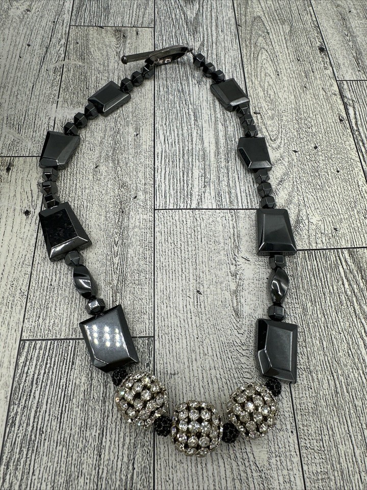 Vintage Hematite Rhinestone Costume Jewelry Necklace Chunky Retro