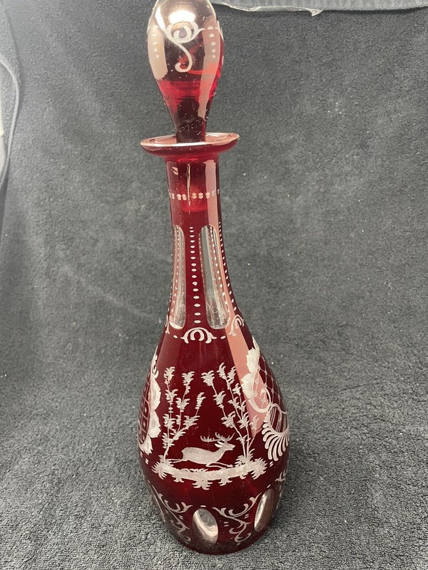 ANTIQUE BOHEMIAN Ruby Cut To Clear DECANTER CASTLES DEER  DESIGN