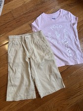 Polo Ralph Lauren Girls 2T 2pc Pink Tee Beige Shorts Set Logo Cotton