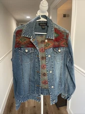 North River Women S Aztec Jean Jacket Southwest Tapestry Denim Stretch Rustic