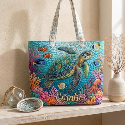Custom Name Turtle Lover Quilted Tote Bag Gifts for Women, Ocean Handbag, Tropic