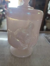 Vintage 1990 Fenton Rosalee Pink Opaque Milk Glass Chessie Cat Covered Candy Jar