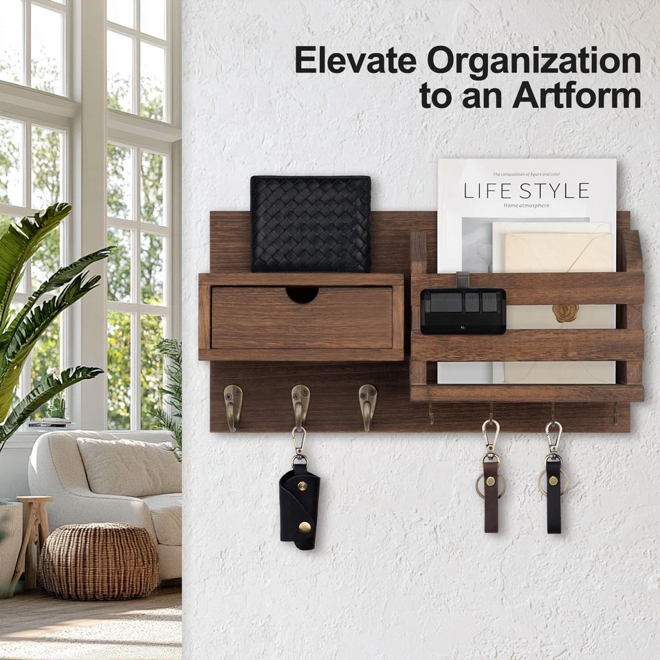 Wall Mount Key Holder with Mail Organizer, 100% Paulownia Wood, 7 Metal Hooks... - Image 3 of 4