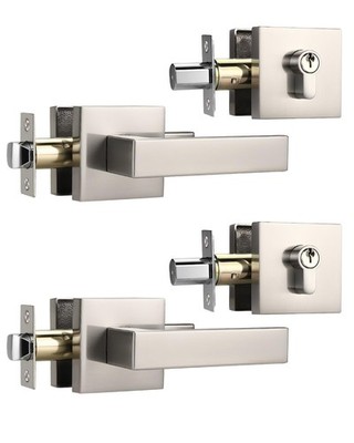 KNOBWELL 2 Pack Brushed Nickel Door Handle with Deadbolt, Square Double Cylinder