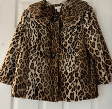 Chicos Size 2 Faux Fur 3/4 Sleeves Jacket Coat Cheetah