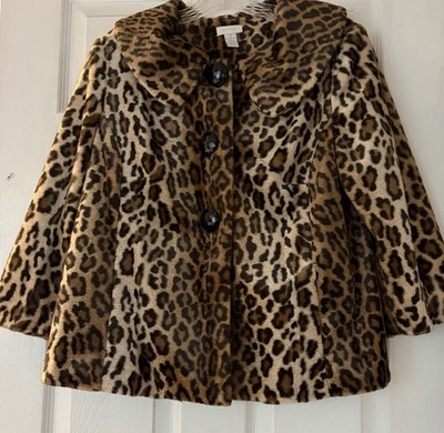 Chicos Size 2 Faux Fur 3/4 Sleeves Jacket Coat Cheetah