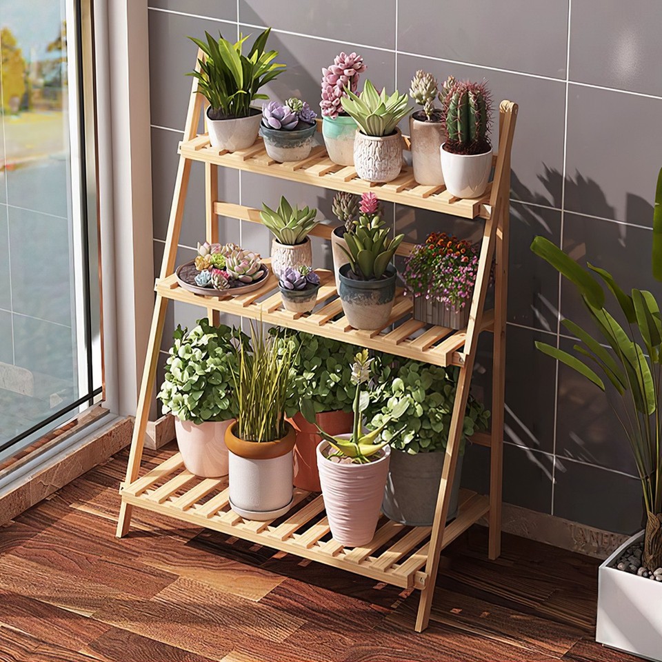 Folding Bamboo Plant Stand 3-Tier Ladder Shelf Indoor/Outdoor Flower ...