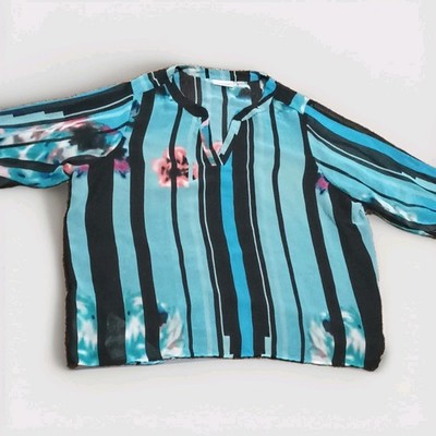 Avenue Plus 4XL Blue/Black/Pink Striped Floral V-Neck 3/4 Pullover Blouse