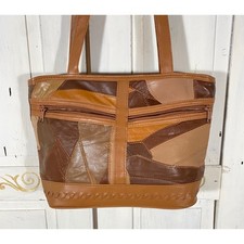Vintage Patchwork Leather Tote Bag Brown Tan Boho Shoulder Bag Excellent Cond