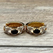 Dark Rhinestone Ornate Silver  Gold Tone Pierced Statement Small Hoop Earrings