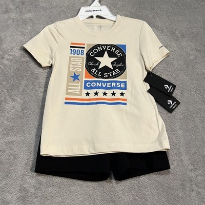 Converse Shirt Shorts Set Boys Size 7 Beige Black All Star Logo Graphic New