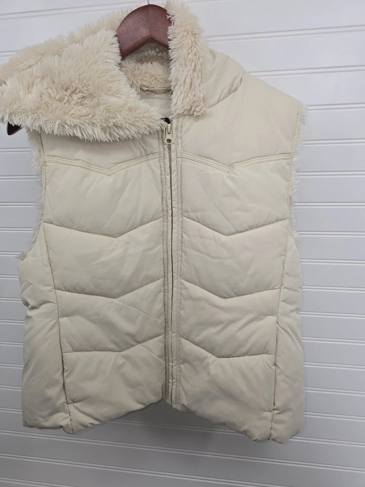 Chaleco acolchado Big Chill Y2K de colección con capucha ribete de piel sintética cremallera completa talla Bolsillos L beige Foto 2 de 4