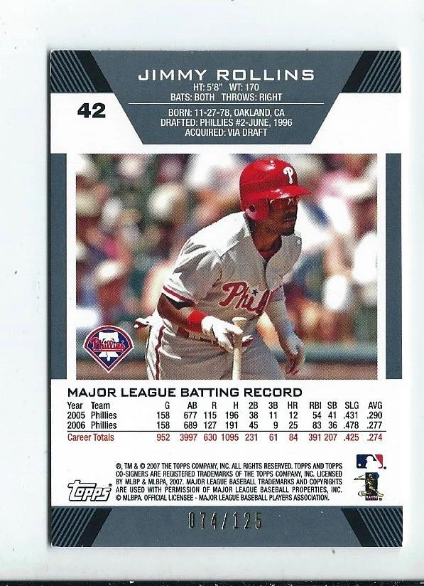 JIMMY ROLLINS / BURRELL 07 Topps Co-Signers (Gold-Silver HOLO) #74/125 *HI Grade - Image 2 of 2