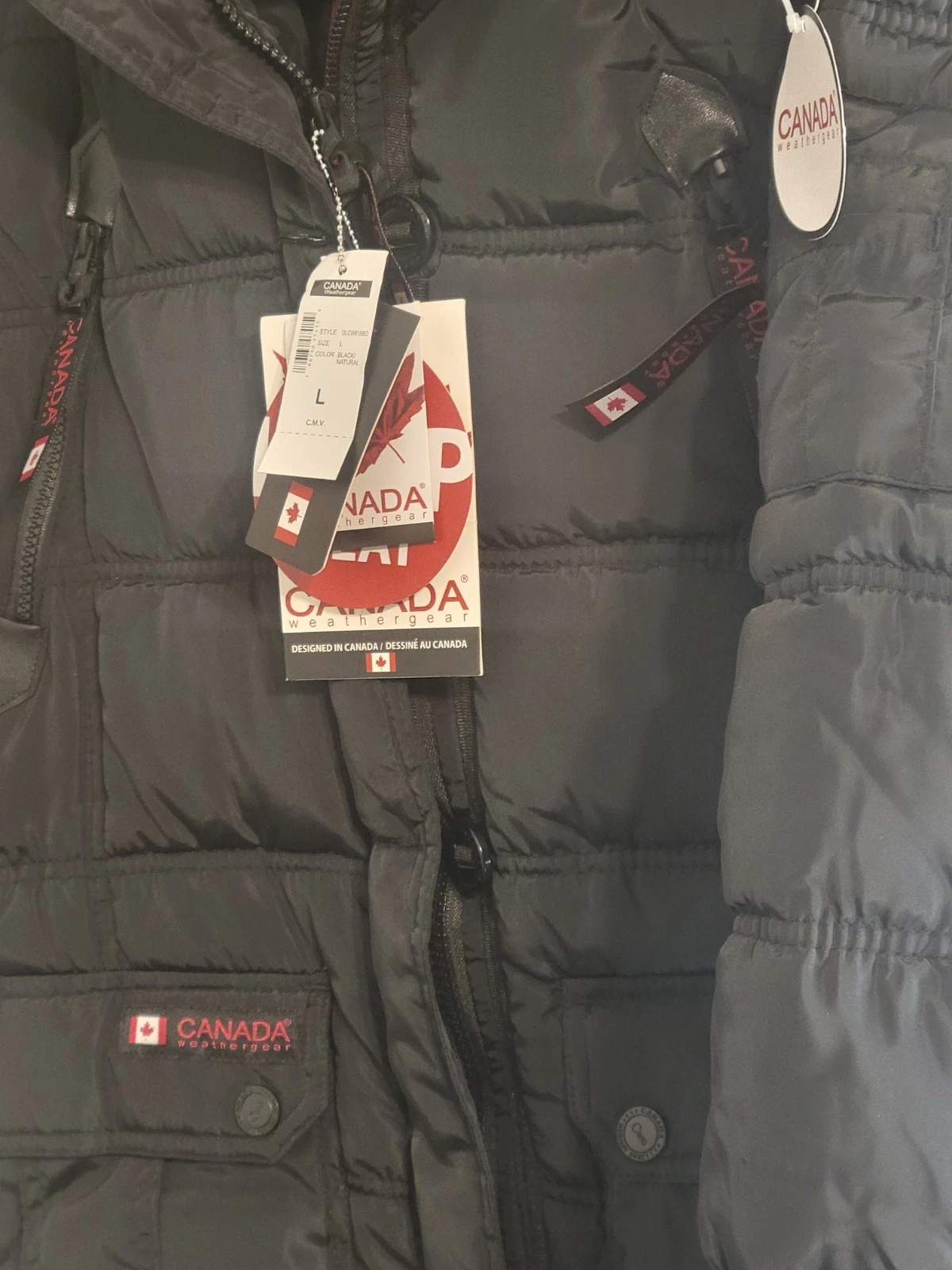 CANADA GOOSE Cappuccio pelliccia sintetica nuovo con etichette Canada Weather Gear Super Triple Goose zip bottone nero taglia L