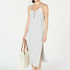 Miken Sleeveless Lace-Up Swimsuit Cover-Up Dress Size Medium Grey Striped NEW