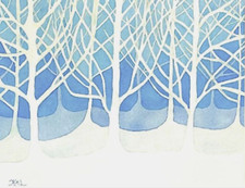 PITTURA ACQUERELLO 11X14 E DOPPIO TAPPETINO 16X20 ALBERI BOSCO BLU BIANCO INVERNO