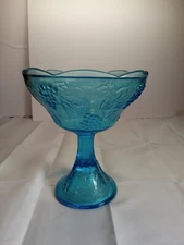 Vintage Indiana Glass Blue Harvest Grape Pedestal Compote Candy Dish 7.5" H