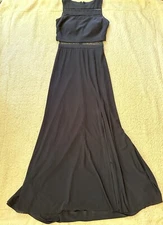 NW Nightway Womens Navy Blue Maxi Evening Dress Gown Sheer Panel Side Slit Sz 6