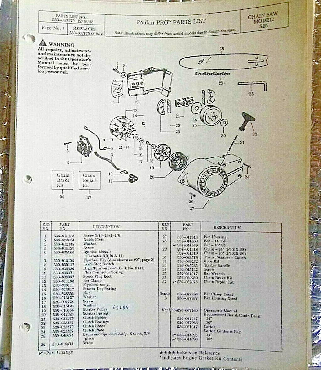 12/16/88 Poulan Pro Chainsaw Parts List Model S25 FREE SHIPPING | eBay